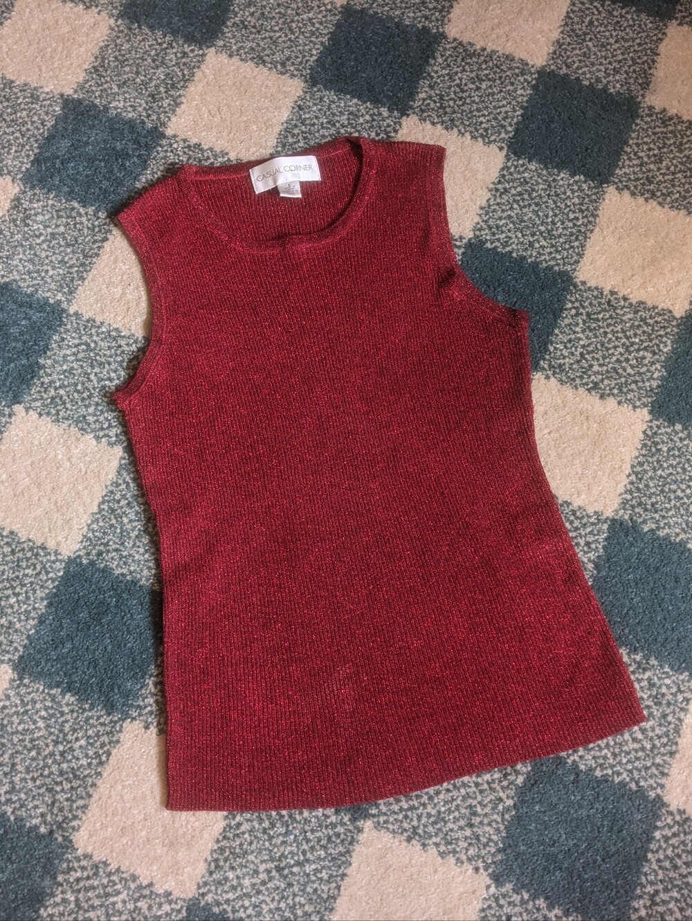 Vintage Casual Corner Deep Red Silk Blend Sparkle Ribbed Wide Strap Tank Sz Sm